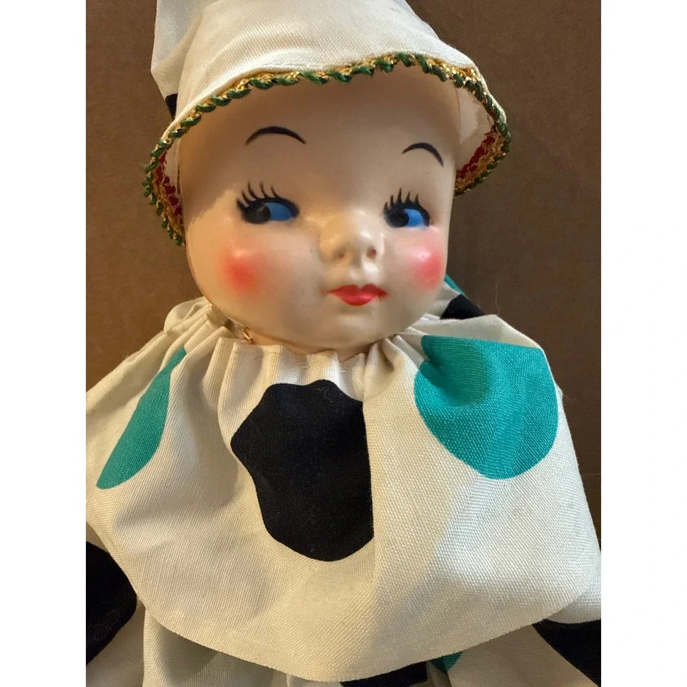 Vintage Clown Doll 16 Inch Teal Black Polka Dot Harlequin Wood Hands